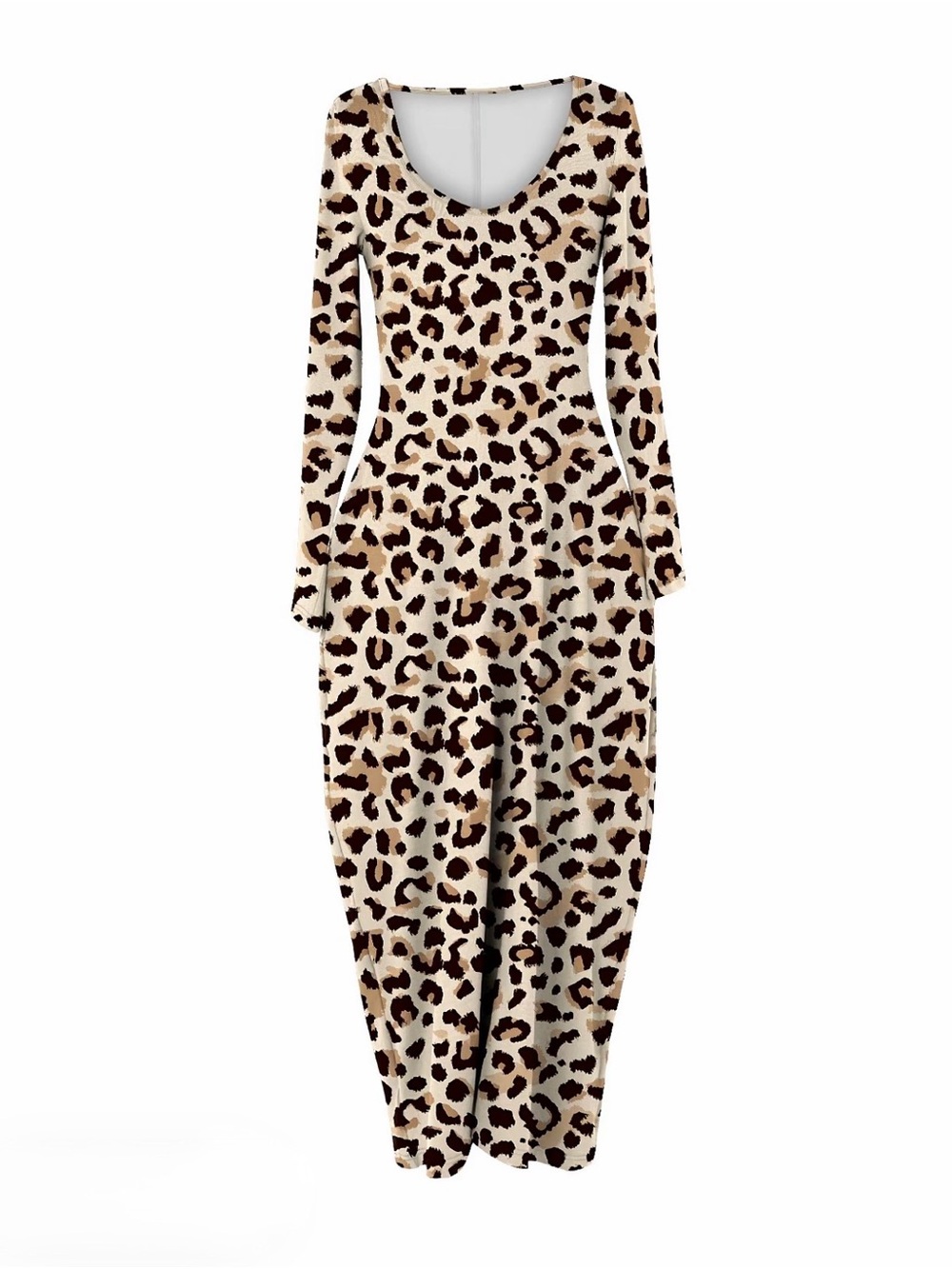 Source Unknown Beige and Brown Leopard-Print Long Sleeve Maxi Dress
